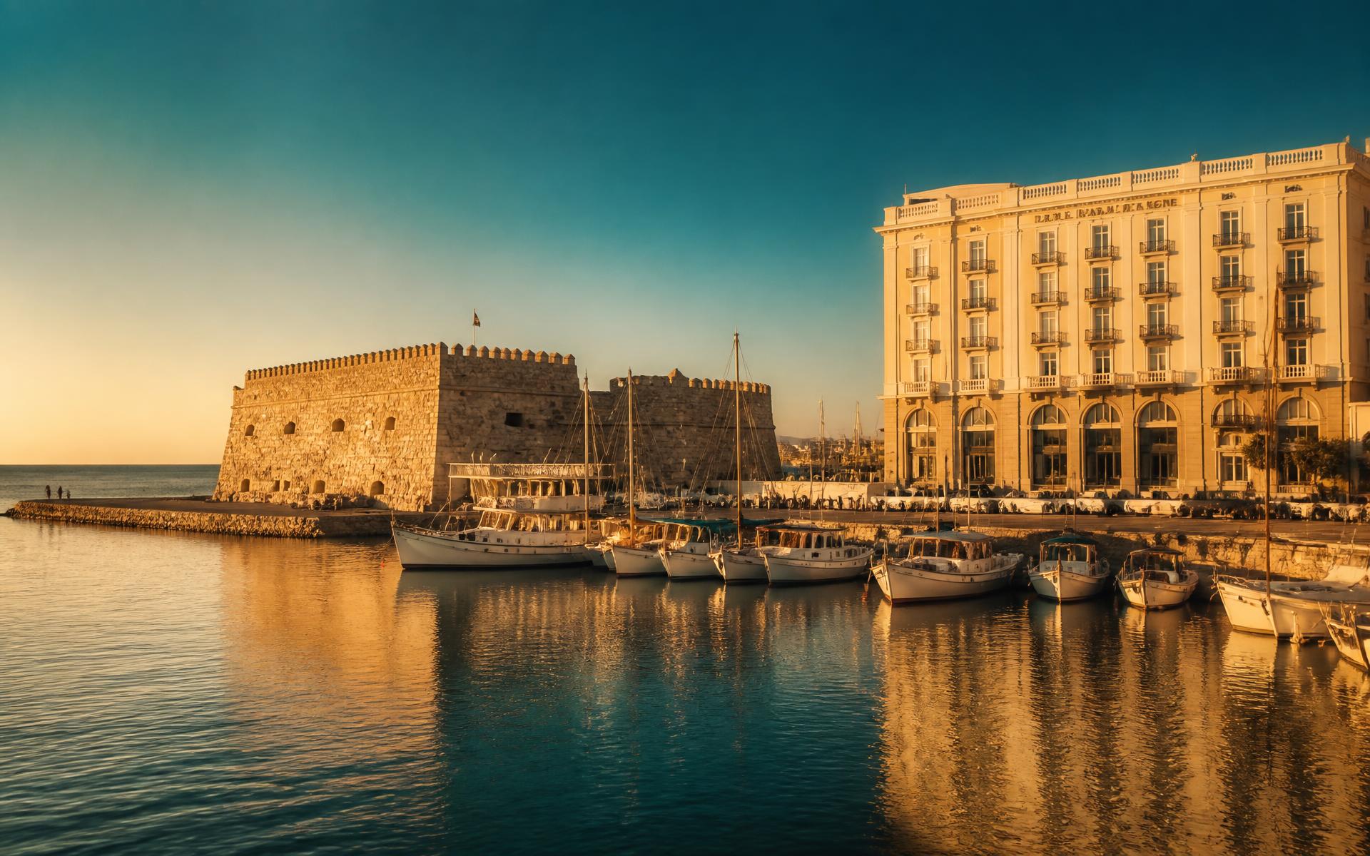 The Venetian harbour of Heraklion at dusk seen from the Megaron hotel
